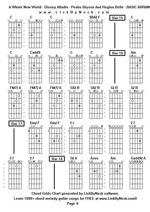 Chord Grids Chart of chord melody fingerstyle guitar song-A Whole New World - Disney Alladin - Peabo Bryson And Regina Belle - BASIC ARRANGEMENT,generated by LickByNeck software.